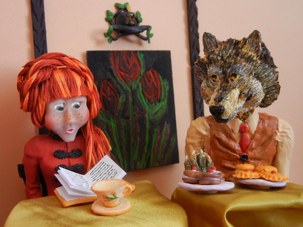 5 art postcards - In the Forest Cafe - wicked wolf fairytale art