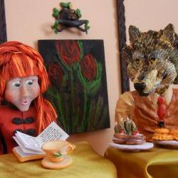 5 art postcards - In the Forest Cafe - wicked wolf  fairytale art